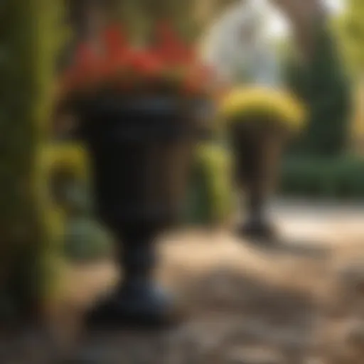 A collection of elegant black plastic garden urns in a vibrant garden setting
