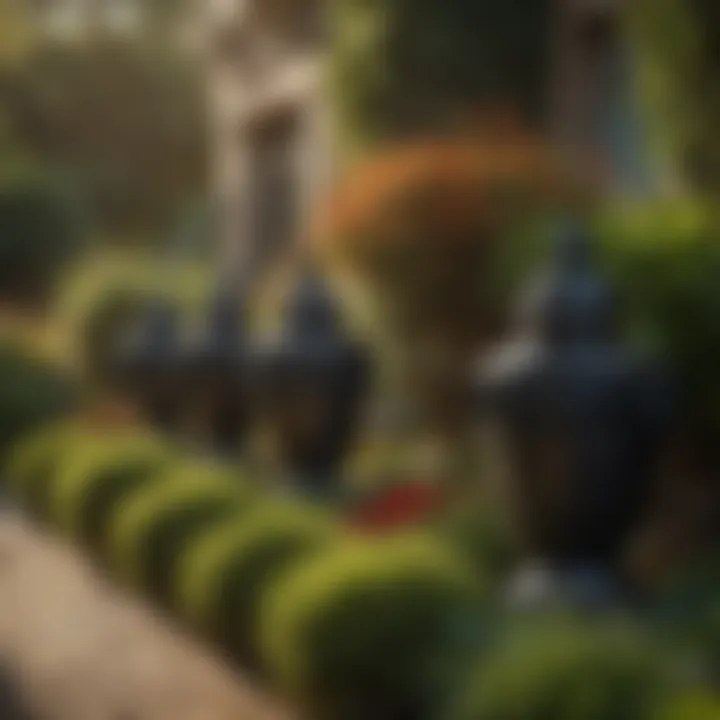 An overview of a beautifully landscaped garden featuring black plastic urns