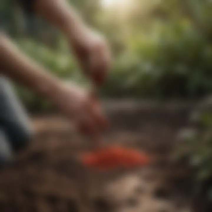 Gardener applying blood and bone fertiliser to soil