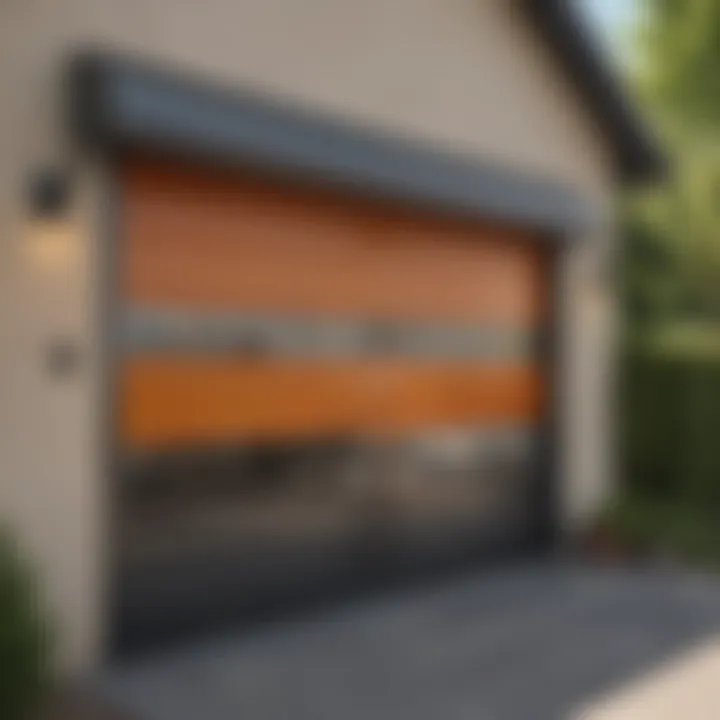 Various color options for canvas roll-up garage doors displayed in a showroom