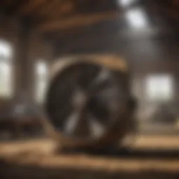 An industrial ventilation fan installed in a barn, highlighting its functionality in air circulation.