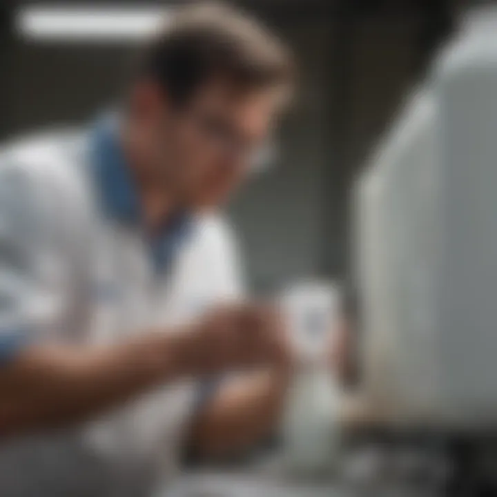 Close-up of a dairy worker checking milk quality with precision equipment