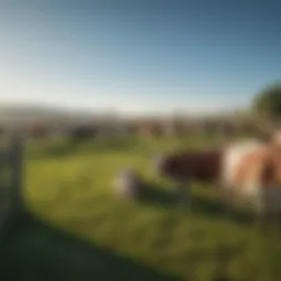 A serene dairy farm landscape showcasing grazing cows under a clear blue sky