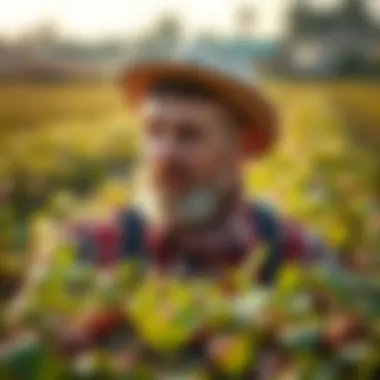 Sustainable Farming Practices A farmer inspecting crops in a field