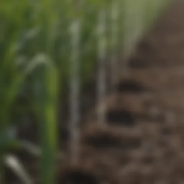 Close-up of drip stakes installed in a crop field