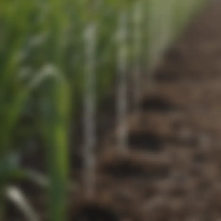 Close-up of drip stakes installed in a crop field