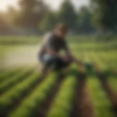 A farmer applying fertilizer in a lush green field