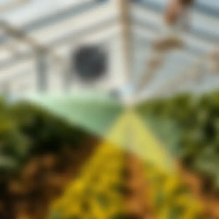 Airflow Dynamics in Agriculture Diagram illustrating the airflow dynamics created by an exhaust fan with shutters, emphasizing its effect on crop health.