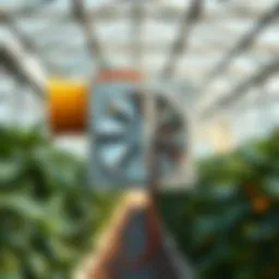 Illustration of an exhaust fan with shutters in an agricultural setting, showcasing its placement in a greenhouse.