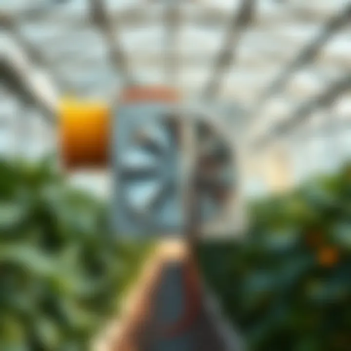 Exhaust Fan Installation in Greenhouse Illustration of an exhaust fan with shutters in an agricultural setting, showcasing its placement in a greenhouse.