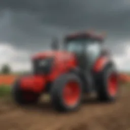 A vibrant display of cutting-edge agricultural machinery at a farm equipment show.