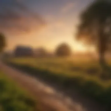 Tranquil Sunset Over a Farm Landscape A picturesque sunset over a tranquil farm setting, highlighting the beauty of rural life