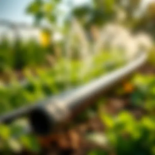 Half inch poly tubing in a lush garden setting