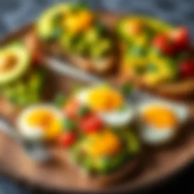 A variety of whole-grain toast topped with avocado, eggs, and vegetables