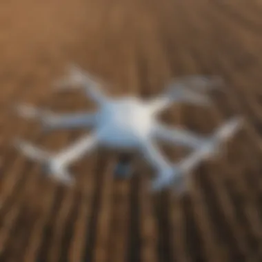 Close-up of a drone surveying a farm field