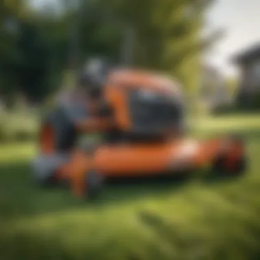 Small Mower Features A close-up view of a small mower on a residential lawn, emphasizing its features and design.