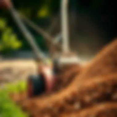 Close-up of mulch spreader in action spreading mulch