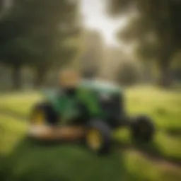 Vintage John Deere zero turn mower in lush green landscape