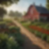 Serene landscape of a mini farm with vibrant crops and a quaint barn