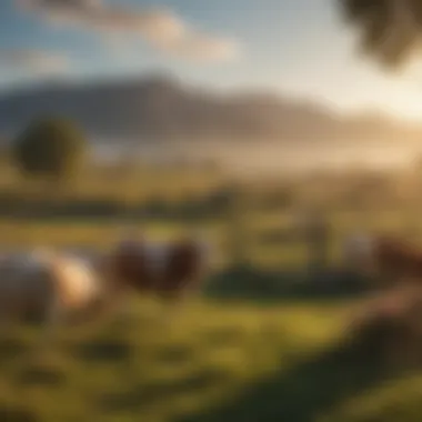Scenic Ranch Landscape with Livestock An expansive ranch landscape with grazing livestock against a scenic backdrop