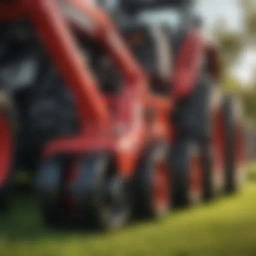 Detailed view of a rotary tiller attached to a lawn tractor