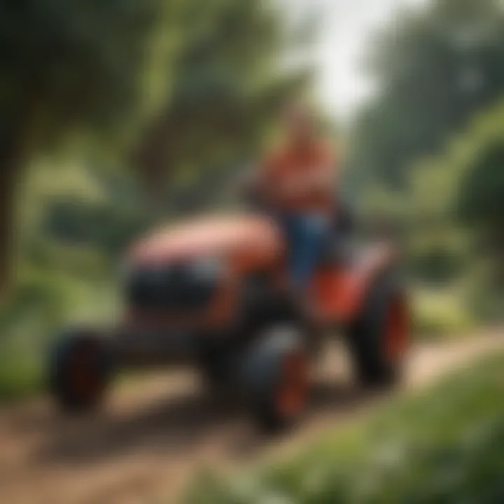Gardener using a lawn tractor with a rotary tiller in a garden
