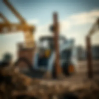 Skid steer hammer post driver on a construction site