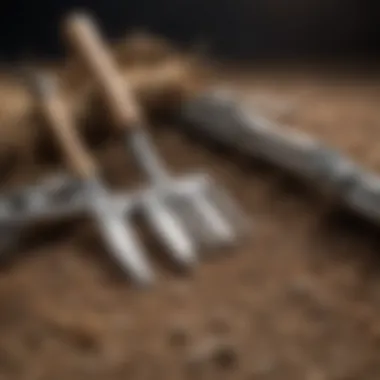 Essential Tools for Land Management Close-up of agricultural tools on a small parcel of land
