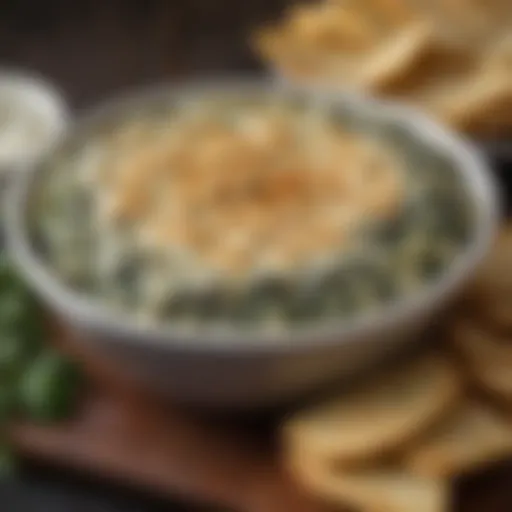 A vibrant bowl of spinach artichoke dip garnished with fresh herbs.