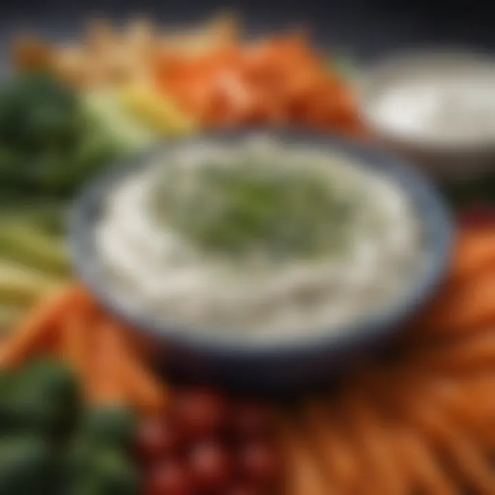 A spread of colorful vegetables surrounding a bowl of yogurt-based dip.