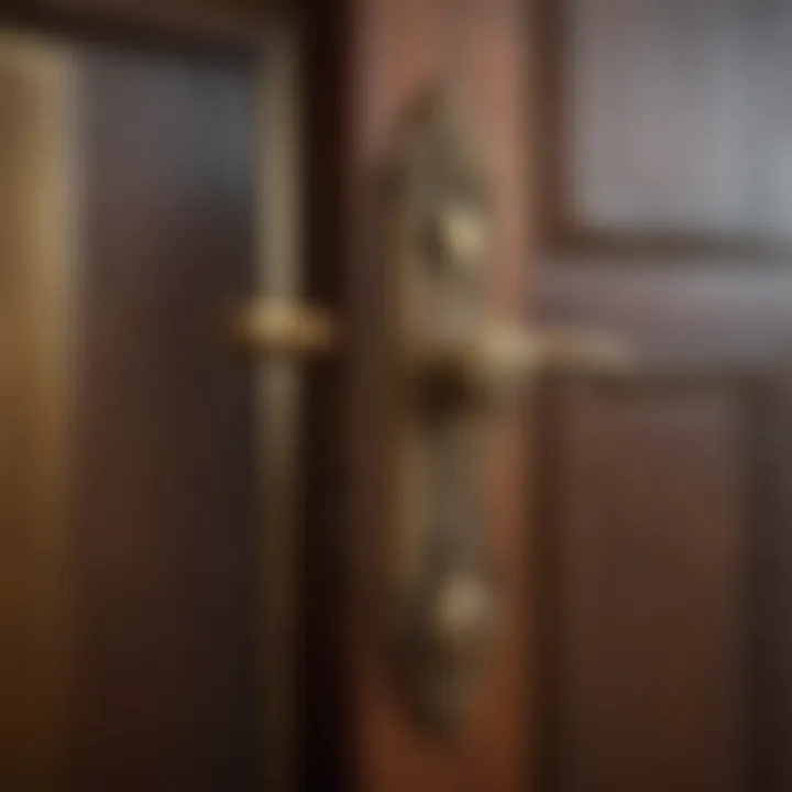 A restored antique brass lockset installed in a modern door.