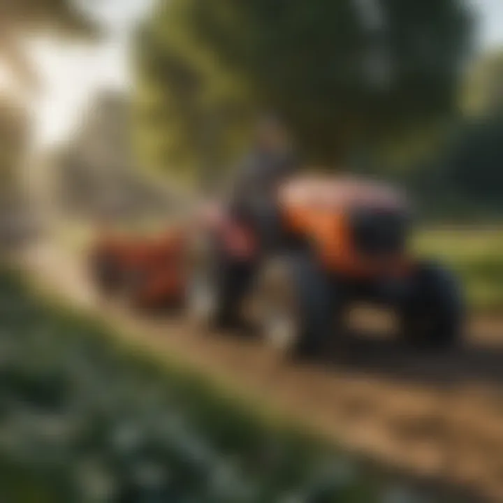 Gardener using a tracked garden tractor for sustainable farming practices