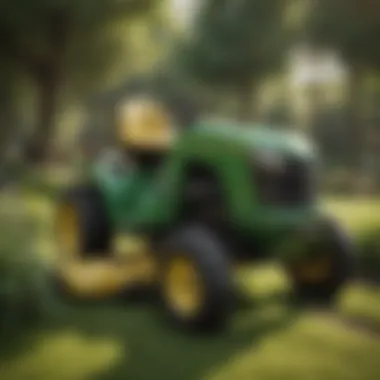 An array of Deere lawn tractor models displayed in a vibrant outdoor setting.