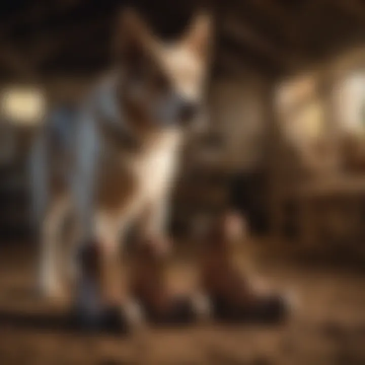 Canine companion wearing woof boots in a farming environment