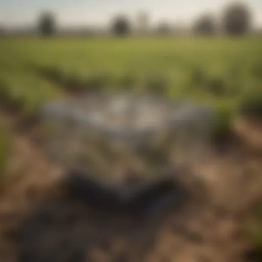 A close-up view of a modern pest trap set in a vibrant agricultural field.