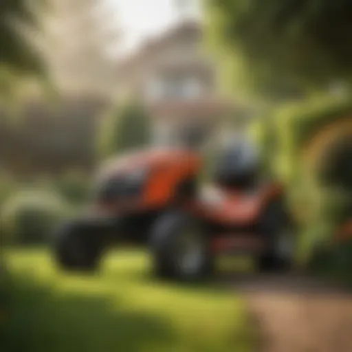 A well-maintained pre-owned lawn mower in a lush garden setting