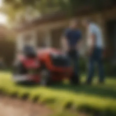 A negotiation scene for purchasing a used lawn mower