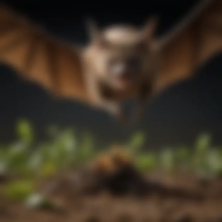 Close-up of a bat feeding on insects, emphasizing its contribution to pest control.