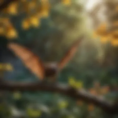 Bat in Its Natural Garden Habitat A bat resting on a branch in a vibrant garden, showcasing its natural habitat.