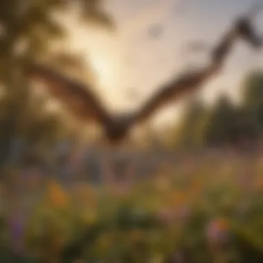 Bats in Flight Over a Blooming Garden Bats flying at dusk over a blooming garden, illustrating their active role in ecosystems.