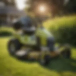 A well-maintained used Ryobi riding mower on a grassy lawn