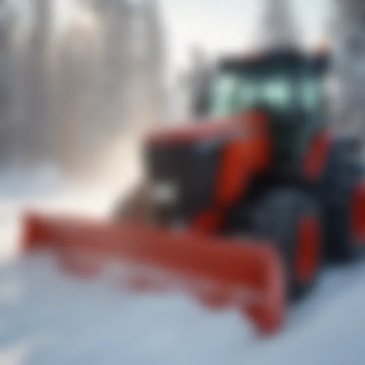 Powerful tractor snow blower front mount in action clearing snow