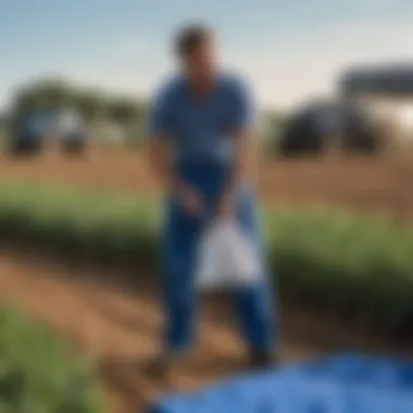 Blue mechanic paper towels on a farmland surface