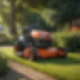 Commercial push mower displayed in a garden setting