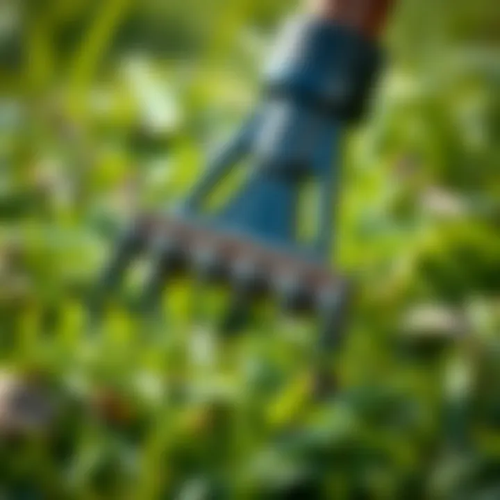 Close-up of landscape rake tines engaging with grass clippings