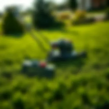 Beautifully landscaped lawn enhanced by the use of a mower and rake