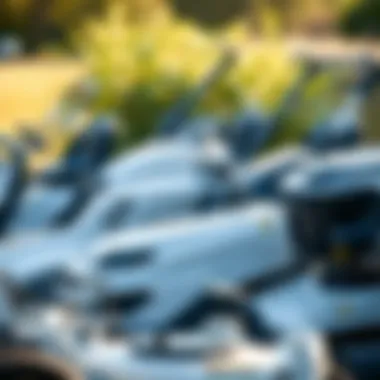 A side view of various white lawn mower models arranged neatly, representing options in the landscaping industry.