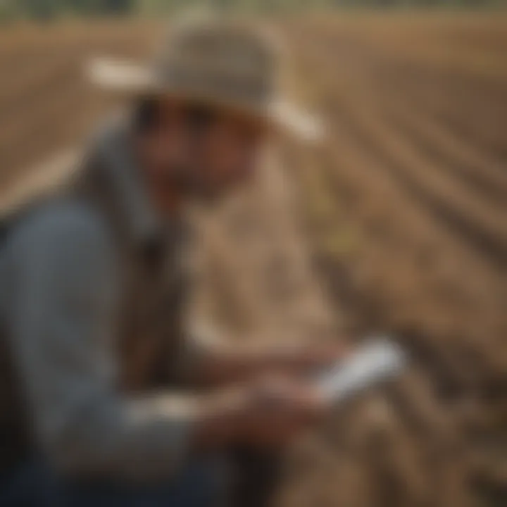 Farmer analyzing data on a digital device in the field