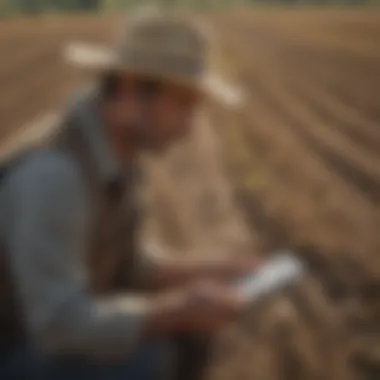 Farmer Using Digital Mapping Tools Farmer analyzing data on a digital device in the field