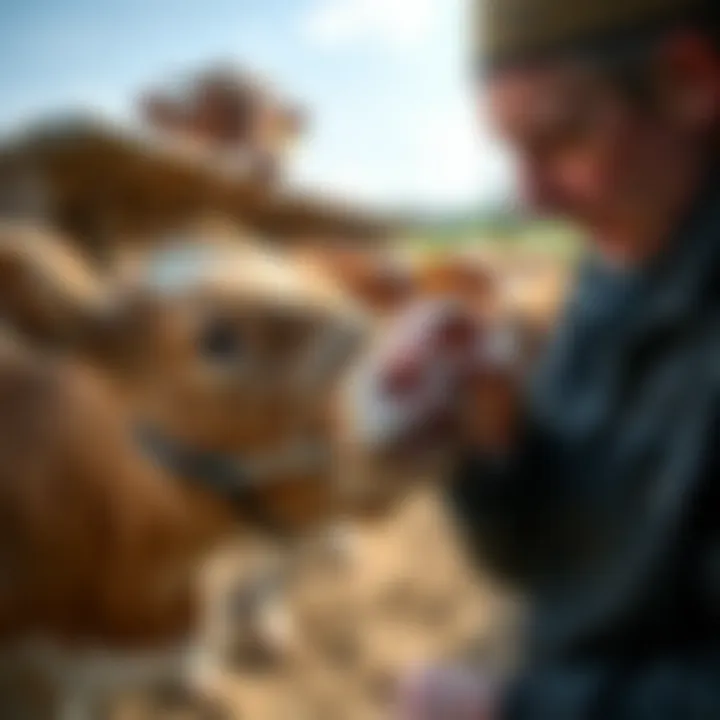 A farmer examining a calf with a nose ring, highlighting best practices in animal welfare.